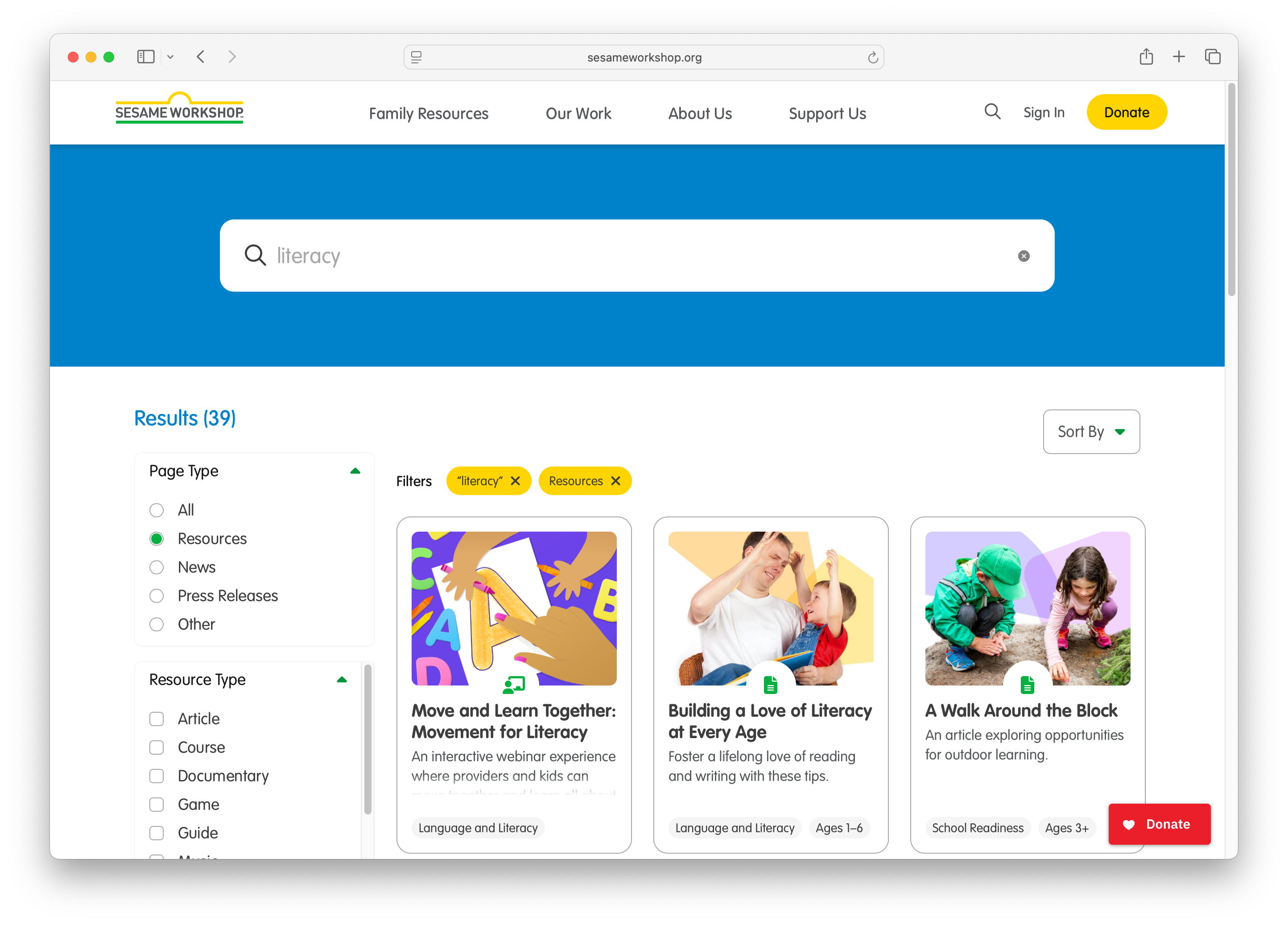 "literacy resources in faceted search results"